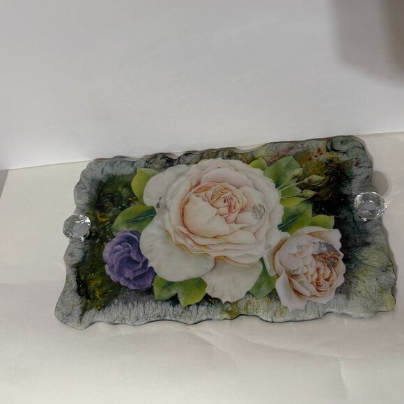 Vintage Floral Resin Tray with Crystal Handles - Picture 2 of 3